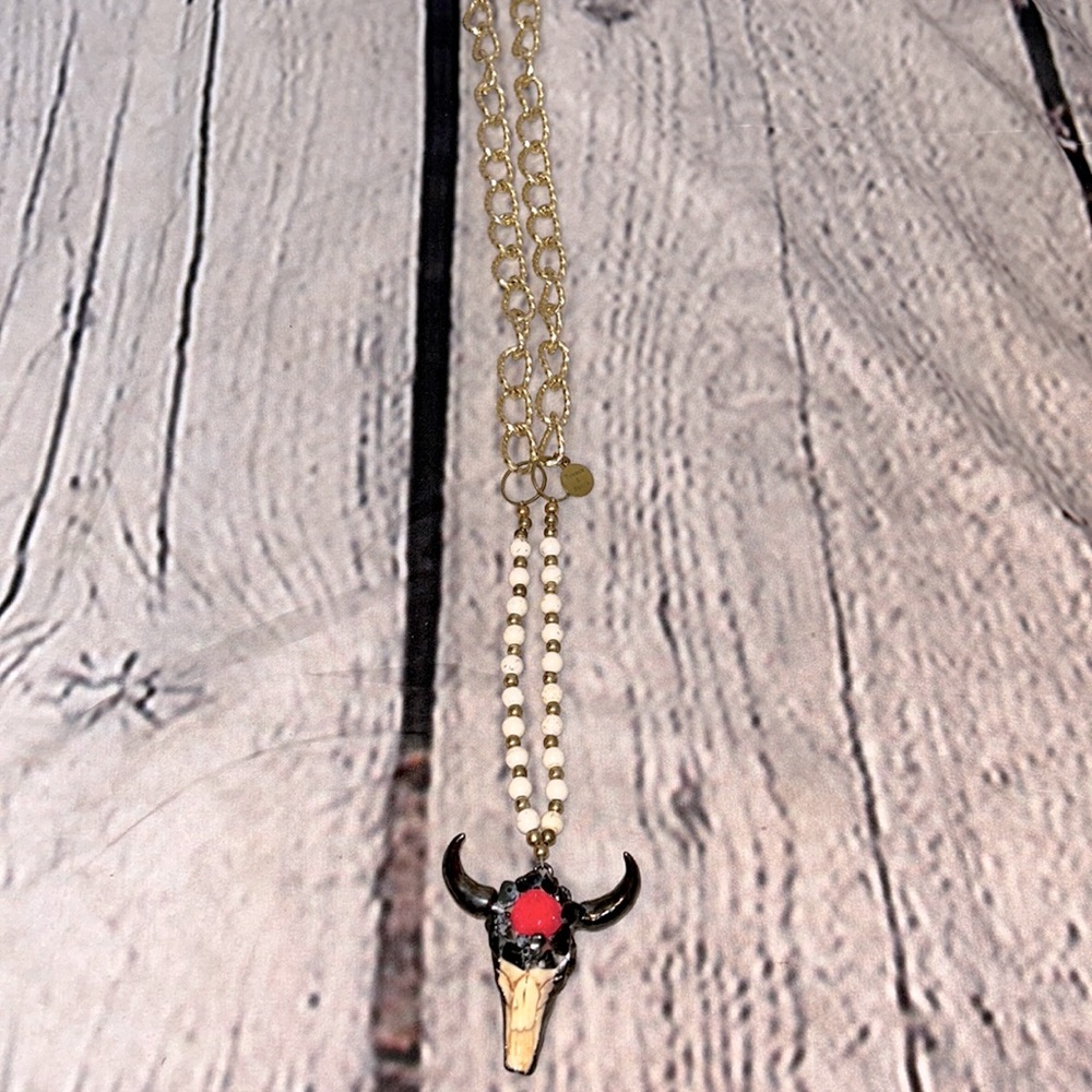 Tweeds & Beads Pink Longhorn Cow Skull Long Gold Tone Cream Bead Necklace